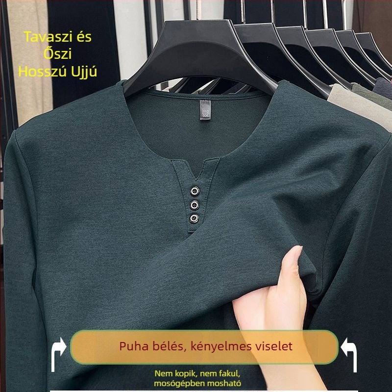 Férfi hosszú ujjú T-shirt, V-nyakú, laza szabás, pamutkeverék, tavasz 2025
