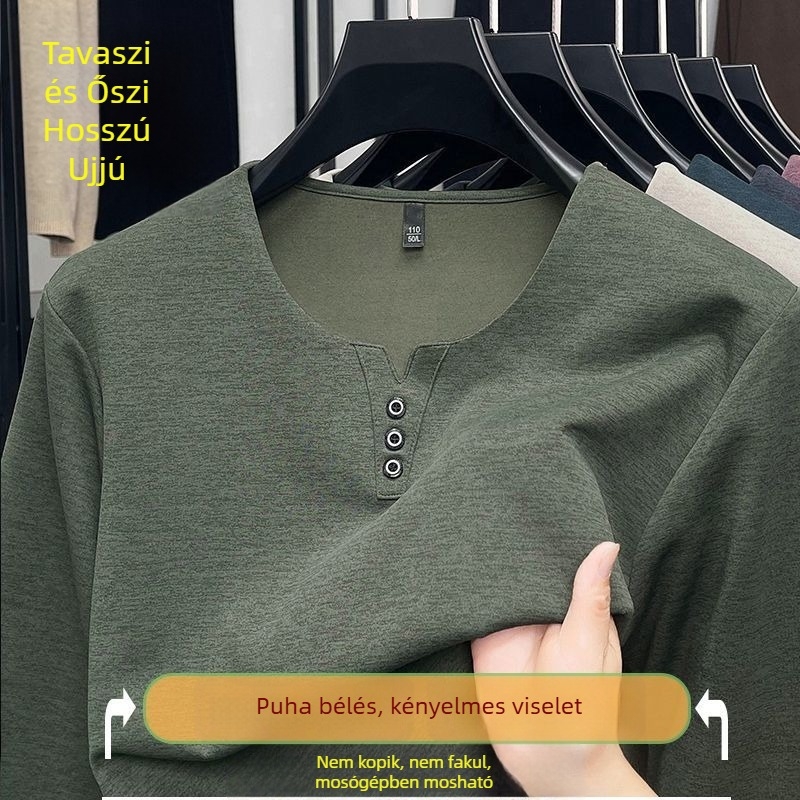 Férfi hosszú ujjú T-shirt, V-nyakú, laza szabás, pamutkeverék, tavasz 2025