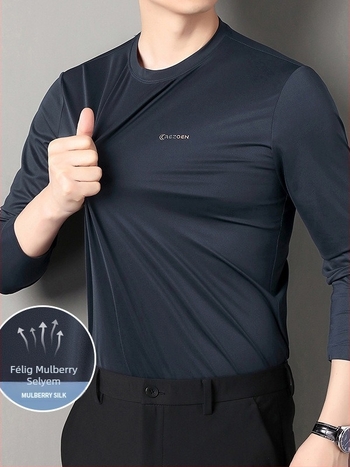 Laza szabású hosszú ujjú T-shirt, selyem- és poliészter-spandex keverék, kerek nyakú, középkorú férfiak számára