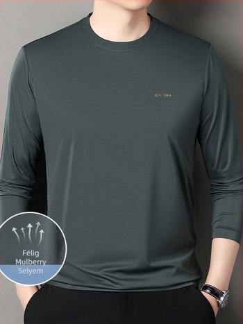 Laza szabású hosszú ujjú T-shirt, selyem- és poliészter-spandex keverék, kerek nyakú, középkorú férfiak számára