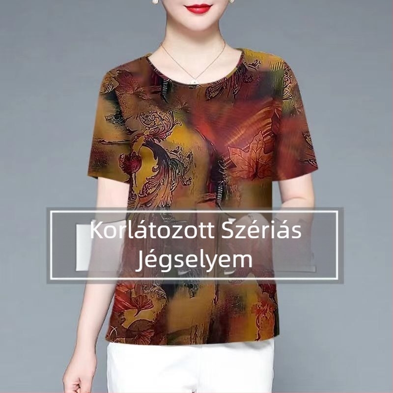 Női Ice Silk rövid ujjú felső környakú – vékony pulóver, mindennapi stílus, középkorú és idős nők számára; Anyag: Ice Silk; Spandex 80–90%; Poliészter