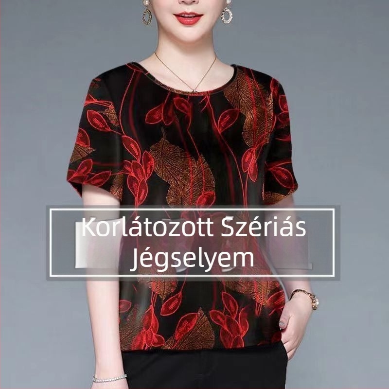 Női Ice Silk rövid ujjú felső környakú – vékony pulóver, mindennapi stílus, középkorú és idős nők számára; Anyag: Ice Silk; Spandex 80–90%; Poliészter