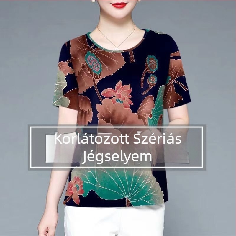 Női Ice Silk rövid ujjú felső környakú – vékony pulóver, mindennapi stílus, középkorú és idős nők számára; Anyag: Ice Silk; Spandex 80–90%; Poliészter