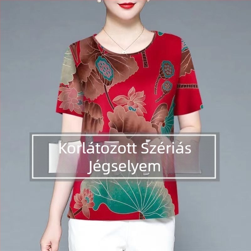 Női Ice Silk rövid ujjú felső környakú – vékony pulóver, mindennapi stílus, középkorú és idős nők számára; Anyag: Ice Silk; Spandex 80–90%; Poliészter