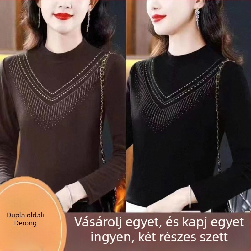 Hosszú ujjú fleece-béléssel ellátott póló, karcsú szabás, fél magas gallér, poliészter 90–95%