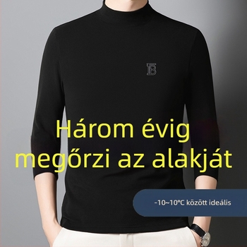 Férfi hosszú ujjú T‑póló félmagas gallérral, kétoldalú bolyhos gyapjú-selyem keverék, jacquard kötés