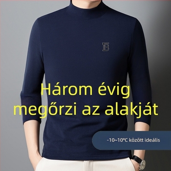 Férfi hosszú ujjú T‑póló félmagas gallérral, kétoldalú bolyhos gyapjú-selyem keverék, jacquard kötés