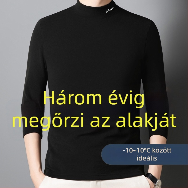 Férfi hosszú ujjú T‑póló félmagas gallérral, kétoldalú bolyhos gyapjú-selyem keverék, jacquard kötés