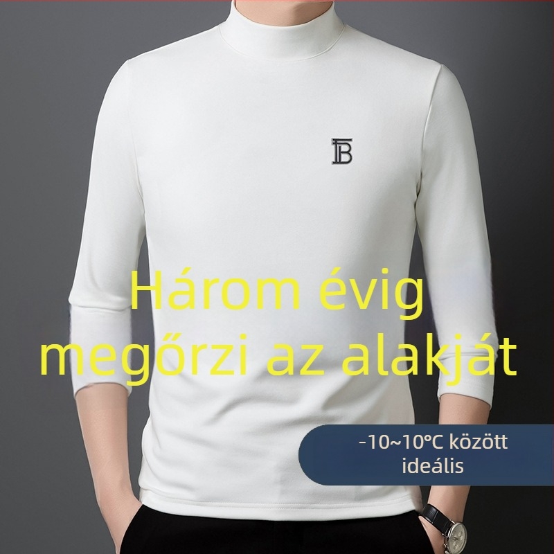 Férfi hosszú ujjú T‑póló félmagas gallérral, kétoldalú bolyhos gyapjú-selyem keverék, jacquard kötés