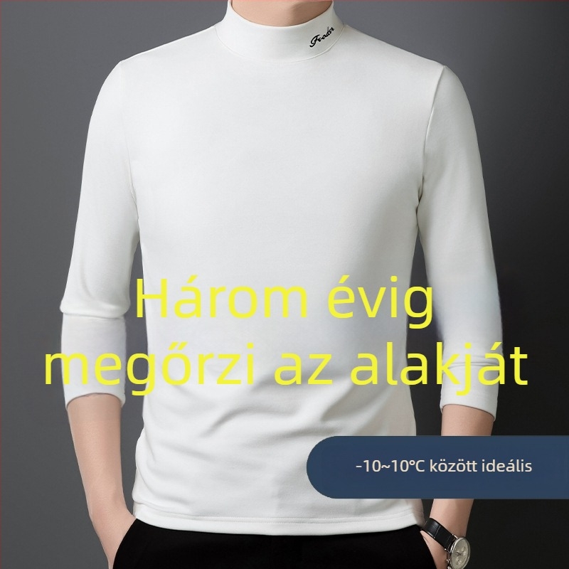 Férfi hosszú ujjú T‑póló félmagas gallérral, kétoldalú bolyhos gyapjú-selyem keverék, jacquard kötés