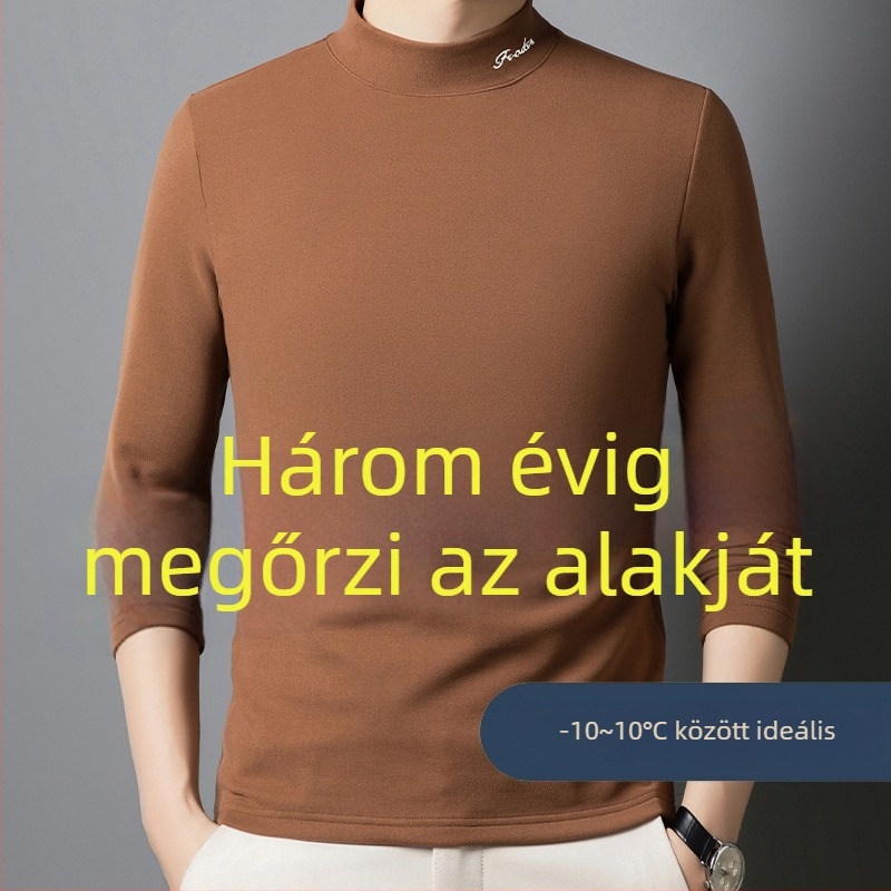 Férfi hosszú ujjú T‑póló félmagas gallérral, kétoldalú bolyhos gyapjú-selyem keverék, jacquard kötés