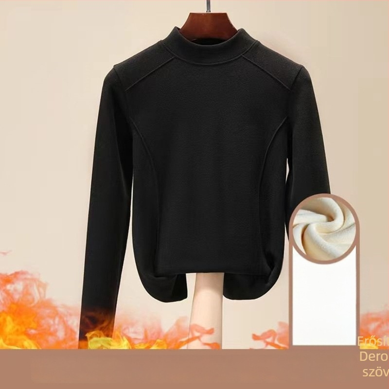 Félmagas galléros felső, kétoldalas bársony 280 g/m², poliészter-spandex keverék, egyszínű, hosszú ujjú, karcsúsított fazon