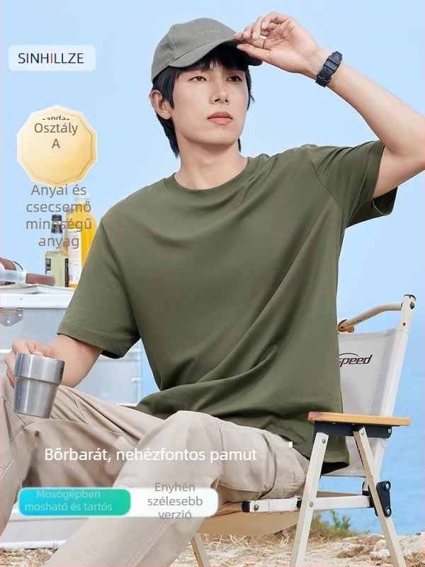 Férfi rövid ujjú póló, 100% hosszú szálú pamut, mercerizált, kerek nyakú, egyszínű kötött anyag, 180–250 g