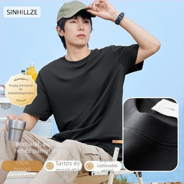 Férfi rövid ujjú póló, 100% hosszú szálú pamut, mercerizált, kerek nyakú, egyszínű kötött anyag, 180–250 g