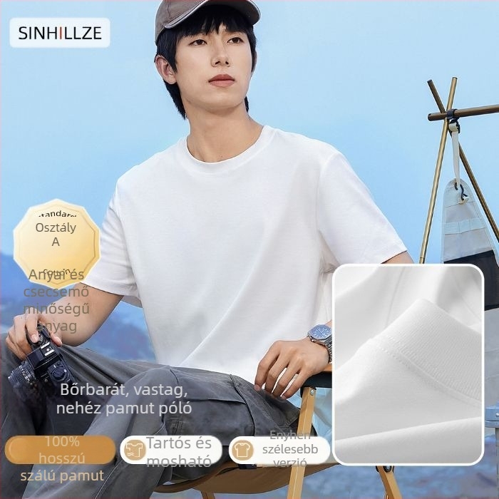 Férfi rövid ujjú póló, 100% hosszú szálú pamut, mercerizált, kerek nyakú, egyszínű kötött anyag, 180–250 g