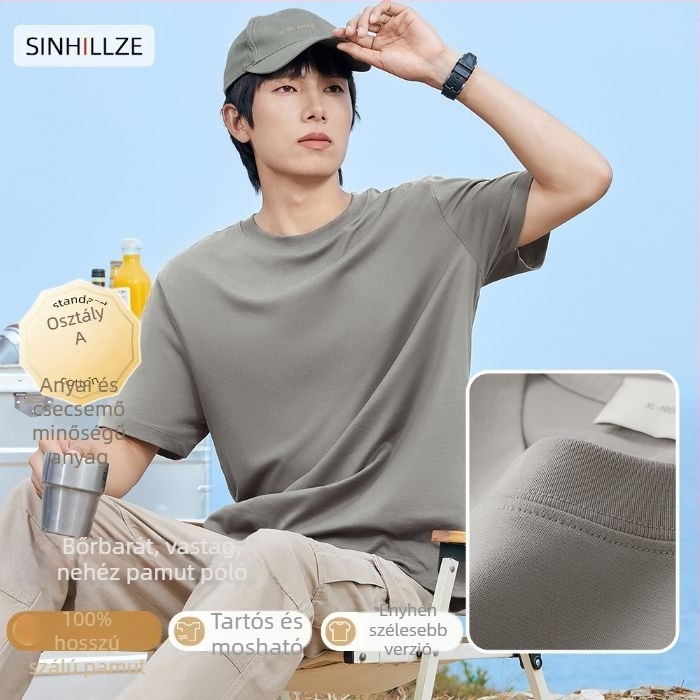 Férfi rövid ujjú póló, 100% hosszú szálú pamut, mercerizált, kerek nyakú, egyszínű kötött anyag, 180–250 g