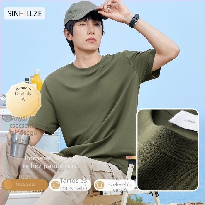 Férfi rövid ujjú póló, 100% hosszú szálú pamut, mercerizált, kerek nyakú, egyszínű kötött anyag, 180–250 g