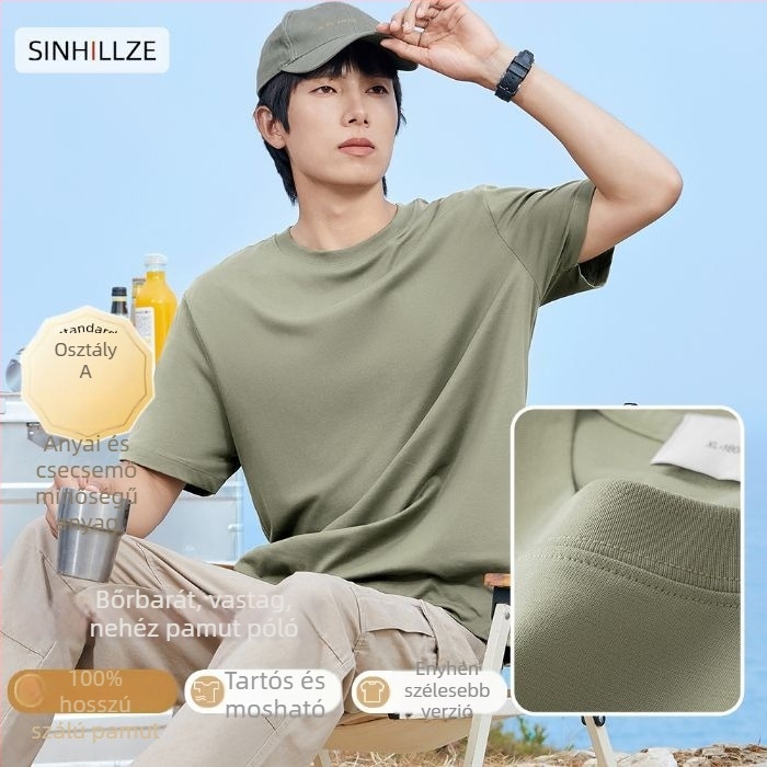 Férfi rövid ujjú póló, 100% hosszú szálú pamut, mercerizált, kerek nyakú, egyszínű kötött anyag, 180–250 g