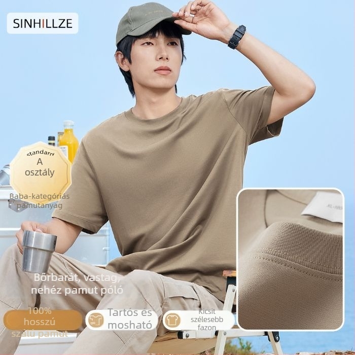 Férfi rövid ujjú póló, 100% hosszú szálú pamut, mercerizált, kerek nyakú, egyszínű kötött anyag, 180–250 g