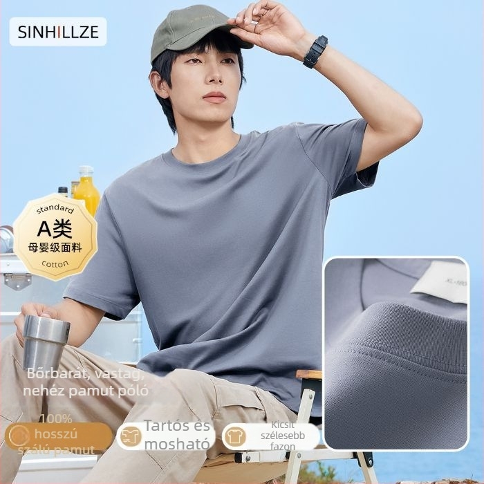 Férfi rövid ujjú póló, 100% hosszú szálú pamut, mercerizált, kerek nyakú, egyszínű kötött anyag, 180–250 g