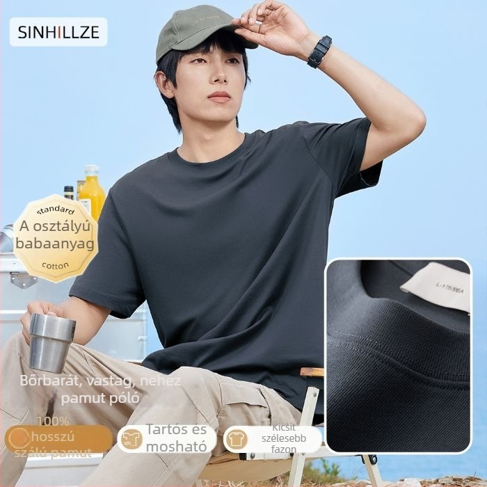 Férfi rövid ujjú póló, 100% hosszú szálú pamut, mercerizált, kerek nyakú, egyszínű kötött anyag, 180–250 g