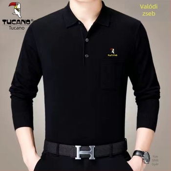 Férfi pamut hosszú ujjú T-shirt galléros reverrel és zsebbel, fleece-alapréteg