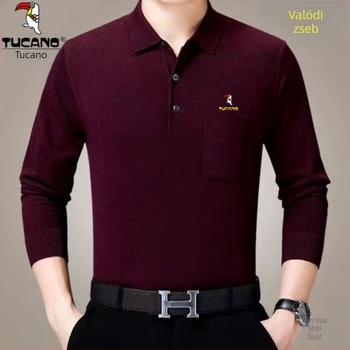 Férfi pamut hosszú ujjú T-shirt galléros reverrel és zsebbel, fleece-alapréteg