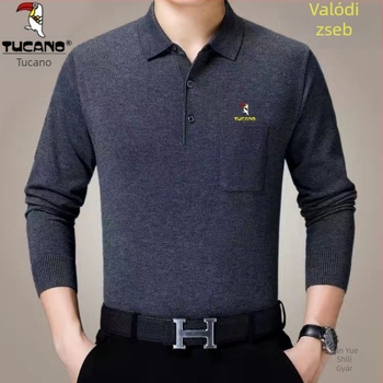 Férfi pamut hosszú ujjú T-shirt galléros reverrel és zsebbel, fleece-alapréteg