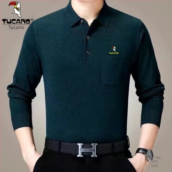 Férfi pamut hosszú ujjú T-shirt galléros reverrel és zsebbel, fleece-alapréteg