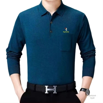 Férfi pamut hosszú ujjú T-shirt galléros reverrel és zsebbel, fleece-alapréteg