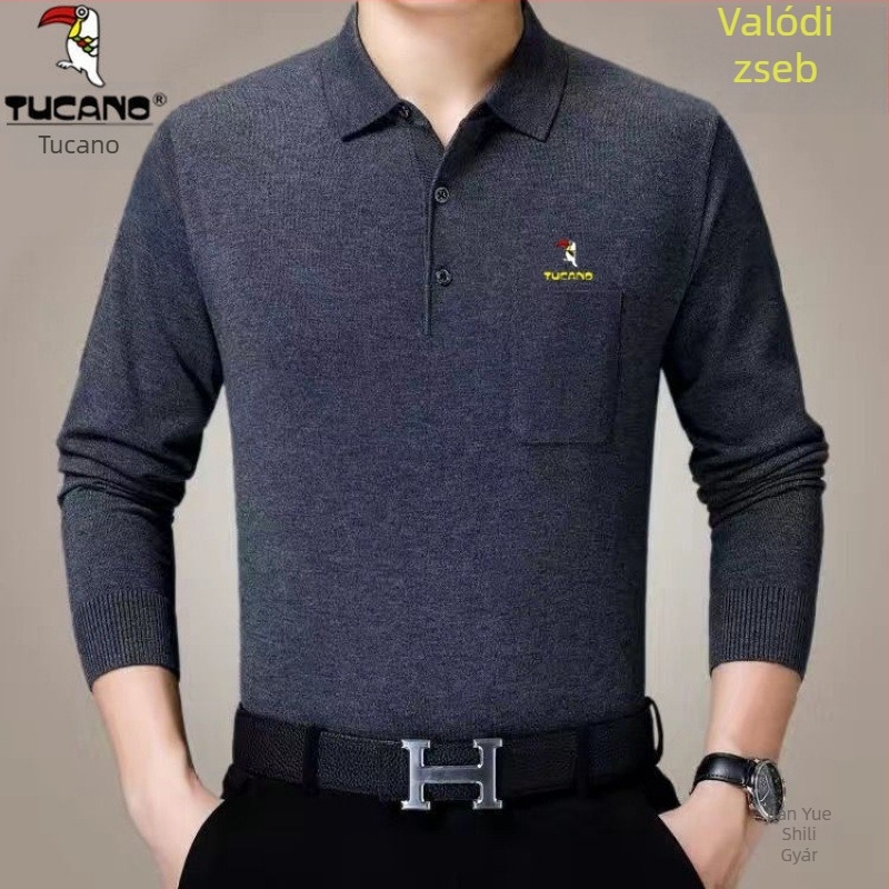 Férfi pamut hosszú ujjú T-shirt galléros reverrel és zsebbel, fleece-alapréteg