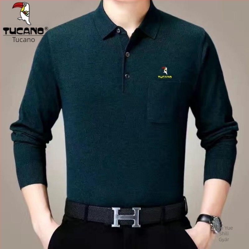 Férfi pamut hosszú ujjú T-shirt galléros reverrel és zsebbel, fleece-alapréteg