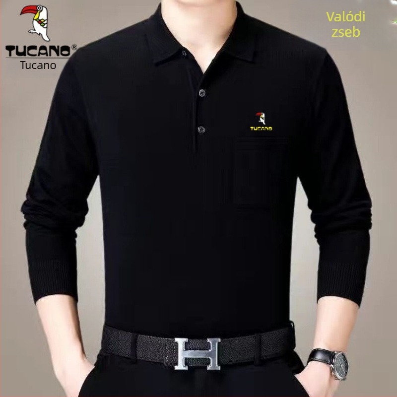 Férfi pamut hosszú ujjú T-shirt galléros reverrel és zsebbel, fleece-alapréteg