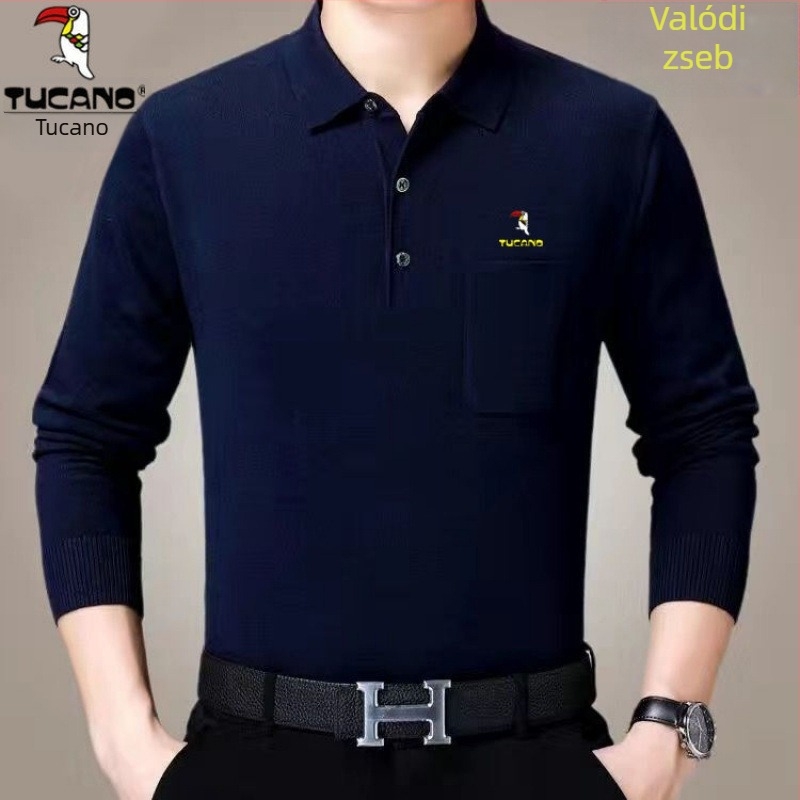 Férfi pamut hosszú ujjú T-shirt galléros reverrel és zsebbel, fleece-alapréteg