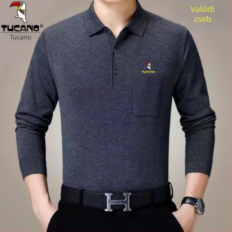 Férfi pamut hosszú ujjú T-shirt galléros reverrel és zsebbel, fleece-alapréteg