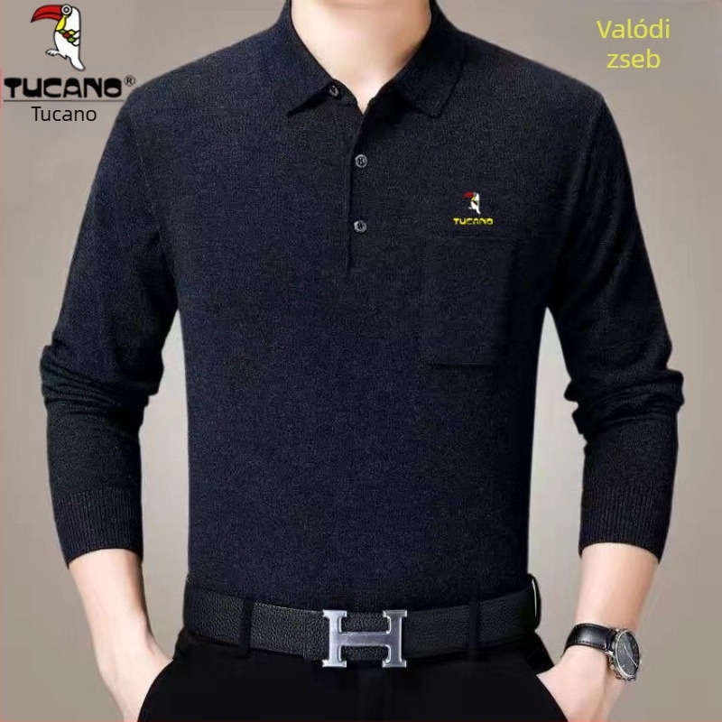 Férfi pamut hosszú ujjú T-shirt galléros reverrel és zsebbel, fleece-alapréteg