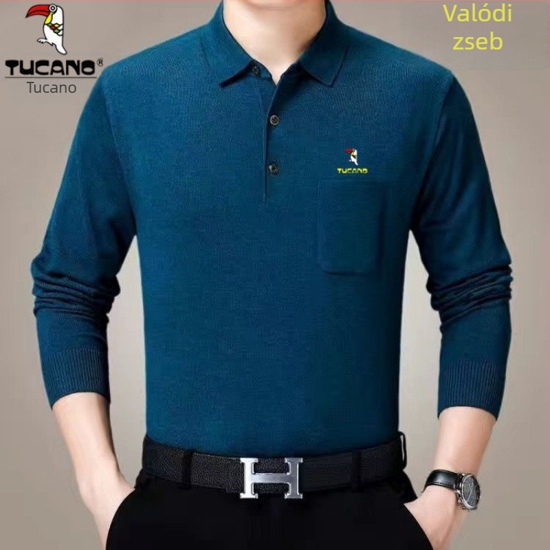 Férfi pamut hosszú ujjú T-shirt galléros reverrel és zsebbel, fleece-alapréteg