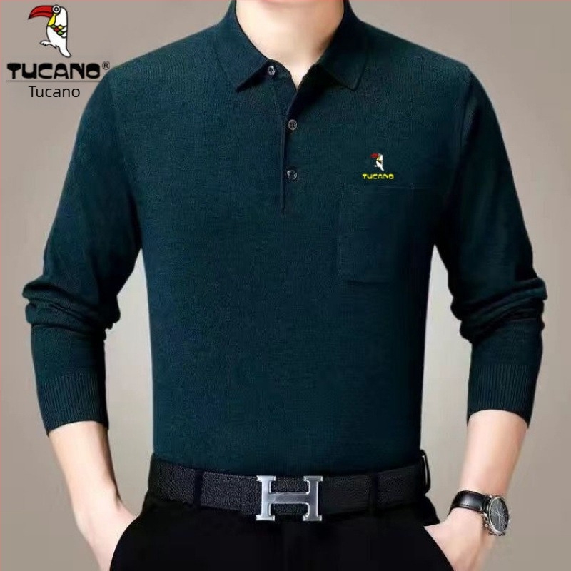 Férfi pamut hosszú ujjú T-shirt galléros reverrel és zsebbel, fleece-alapréteg