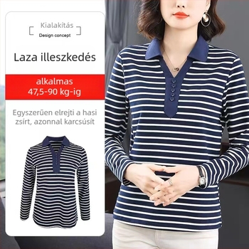 Női hosszú ujjú póló gallérral, csíkos mintázat, laza szabás, 95% poliészter