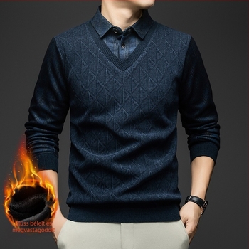 Férfi kockás hosszú ujjú T‑shirt galléros, lapel típusú nyak, vastag téli fazon, poliészter 96%+