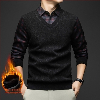 Férfi kockás hosszú ujjú T‑shirt galléros, lapel típusú nyak, vastag téli fazon, poliészter 96%+