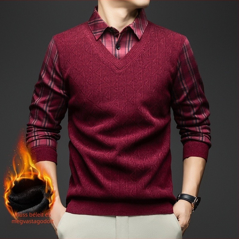 Férfi kockás hosszú ujjú T‑shirt galléros, lapel típusú nyak, vastag téli fazon, poliészter 96%+