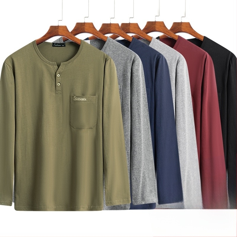 Férfi pamut hosszú ujjú T‑shirt, laza szabás, V-nyak, légáteresztő