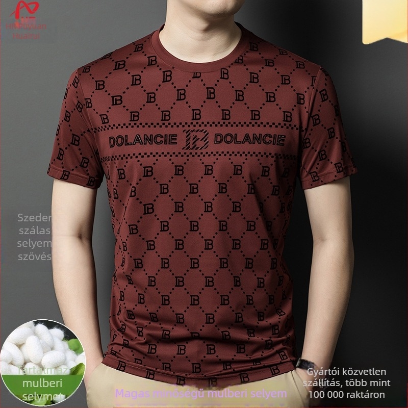 Férfi mulberry selyem jacquard rhinestone rövid ujjú T-shirt