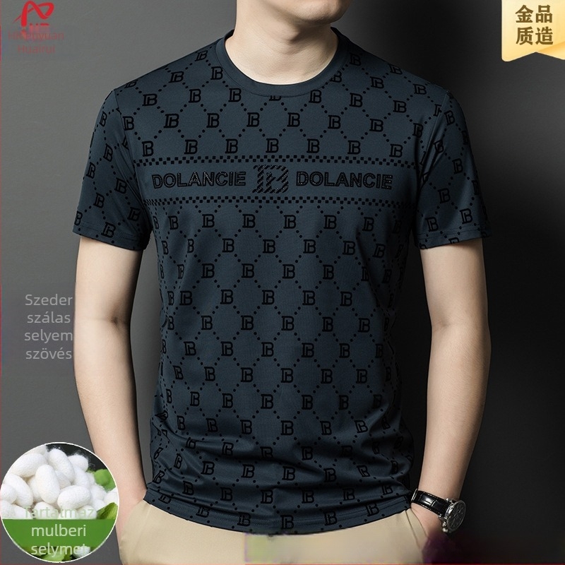 Férfi mulberry selyem jacquard rhinestone rövid ujjú T-shirt
