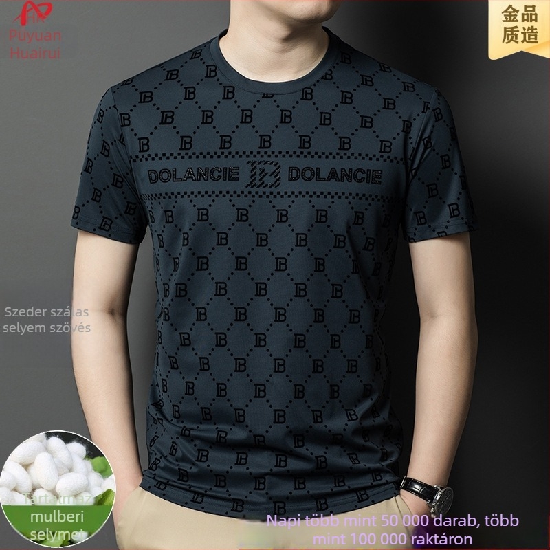 Férfi mulberry selyem jacquard rhinestone rövid ujjú T-shirt
