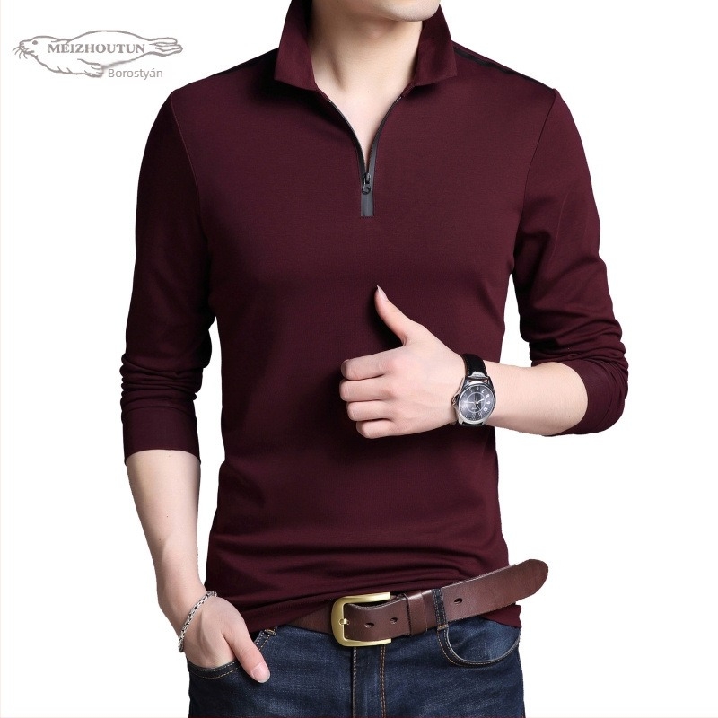 Férfi koreai stílusú slim-fit hosszú ujjú póló, galléros, pamutkeverék