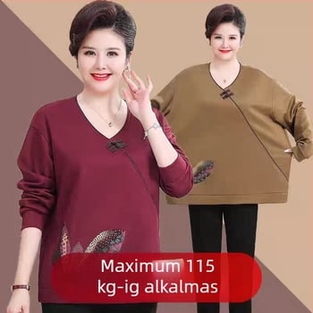 V-nyakú hosszú ujjú felső középkorú nőknek, virágos mintázat, középhosszú, laza szabás, Tr fabric 80-90% Egyéb és legfeljebb 30% Spandex, Ősz 2024