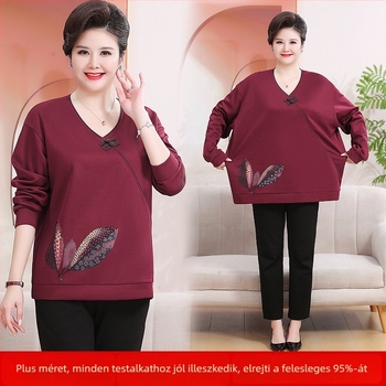 V-nyakú hosszú ujjú felső középkorú nőknek, virágos mintázat, középhosszú, laza szabás, Tr fabric 80-90% Egyéb és legfeljebb 30% Spandex, Ősz 2024