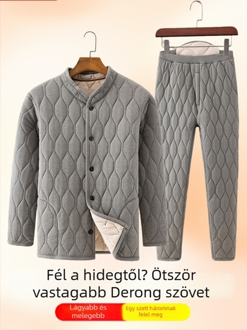 Középkorú és idősebb férfiak számára pamutkabát és nadrág szett fleece-béléssel, téli otthoni viselet.